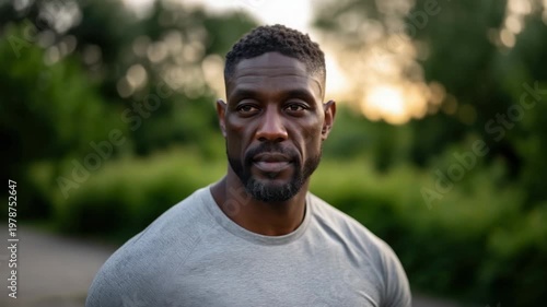 Man with closed eyes stands in green park during sunset and practices mindfulness and meditation for relaxation and focus