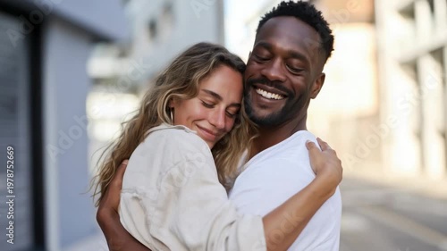 Couple shares a joyful moment in a city street while embracing each other on a sunny day