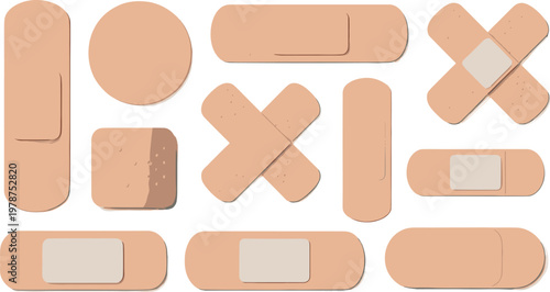 Adhesive bandage plaster set in various shapes and sizes with realistic texture for medical first aid healthcare design