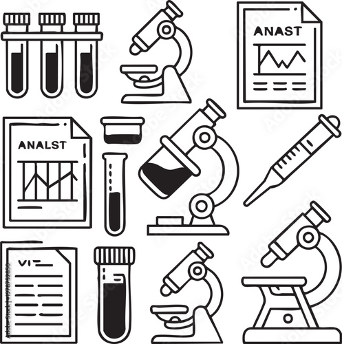 Vector graphic illustration of laboratory equipment and documents for medical research and analysis purposes in a scientific setting with various tools.