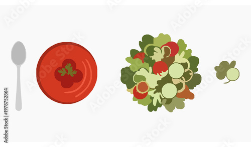 Top-down vegan dishes vector set with vegetable salad and tomato soup in flat illustration for menu design