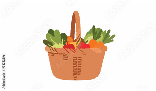 Wicker basket vector illustration with harvest produce in flat style for farm and kitchen design