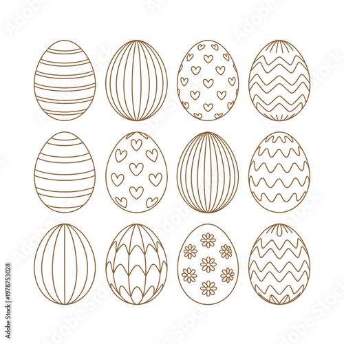 Easter eggs outlined with brown ink show intricate patterns of hearts and lines in a grid.