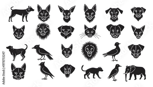 Pencil Sketch Animal Face Icons – Minimal Wildlife Silhouette Grid Set
