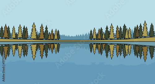 Tranquil lake landscape with reflections of trees and clear sky illustration