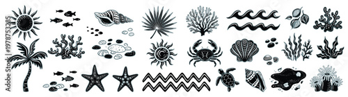 Set of black marine life silhouettes and summer beach vector icons with coral sea turtle crab starfish palm tree and sun isolated on white background perfect for tropical graphic design