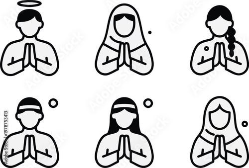 Religious people praying icons set, diverse spiritual characters in prayer pose, black and white line art vector of multi-faith worshipers