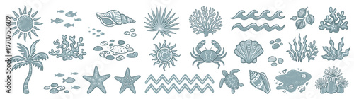 Set of cute light blue marine life and summer beach vector icons with coral sea turtle starfish palm tree and waves isolated on white background perfect for tropical vacation graphic design