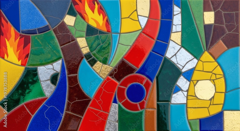 Fototapeta premium A vibrant mosaic artwork featuring colorful abstract shapes and patterns