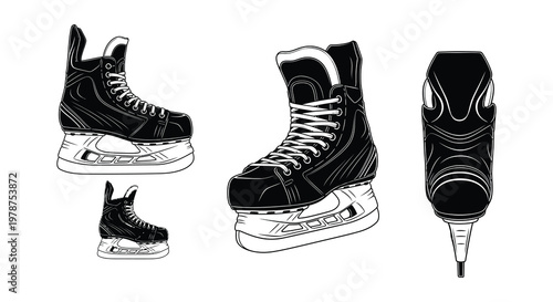 Black and white illustration of three ice hockey skates in different views