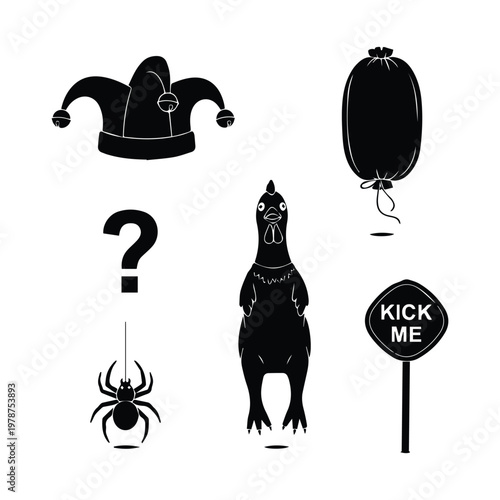 april fools day vector icons with jester hat, chicken, balloon, spider, question mark and kick me sign