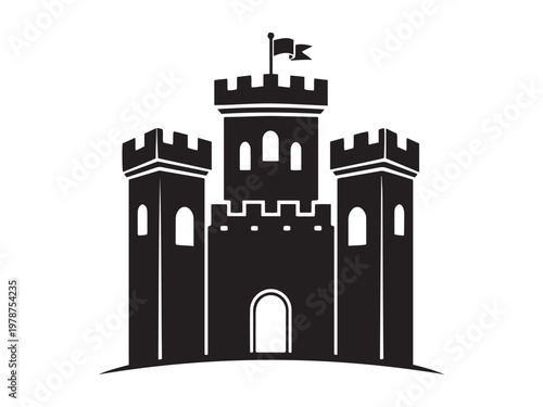 Black castle silhouette with flags on towers fortress architecture building structure historic