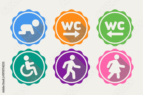 Set of Circular Public Service Signs for Restroom and Accessibility