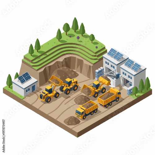 Construction site with heavy machinery and buildings.