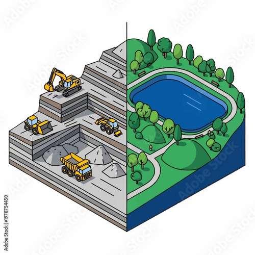 Construction site transforming into a serene lake and parkland.