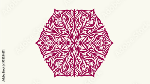 Intricate pink mandala design with floral and leaf motifs decorative symmetry geometric illustration