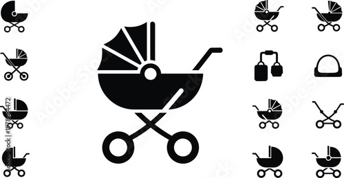 Black and white baby carriage icons set childcare and parenting symbols
