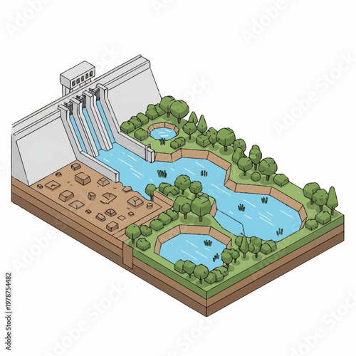 Diagram of a hydroelectric dam and reservoir system.