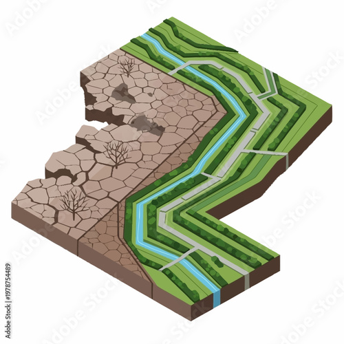 Cross section of a water management system showing irrigation canals and dry land.