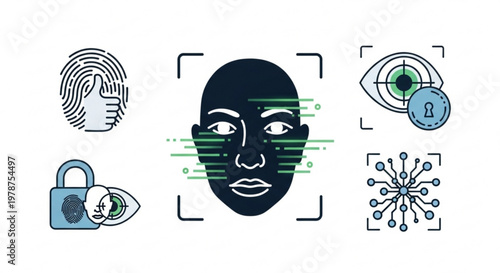 A vector graphic illustration of biometric security icons including facial recognition, fingerprint, and lock symbols.