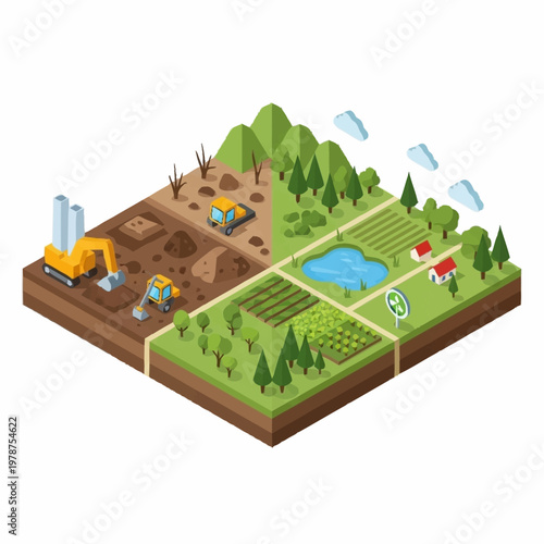 Farming land transformation showing different stages of agriculture.