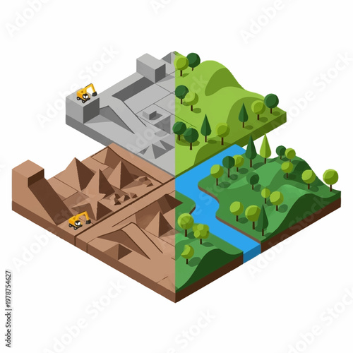 Four distinct landscape dioramas showing different stages of development.