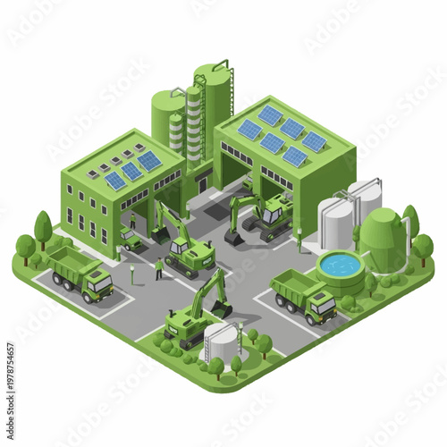 Green energy industrial complex with solar panels and trucks.