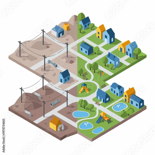 Illustration of a developing town showing progress and growth.