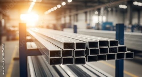 Shiny Rectangular Metal Tubes Stacked on a Rack in a Factory Under Bright Sunlight