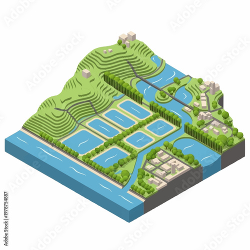 Isometric view of a sustainable aquaculture farm with terraced hills and water channels.
