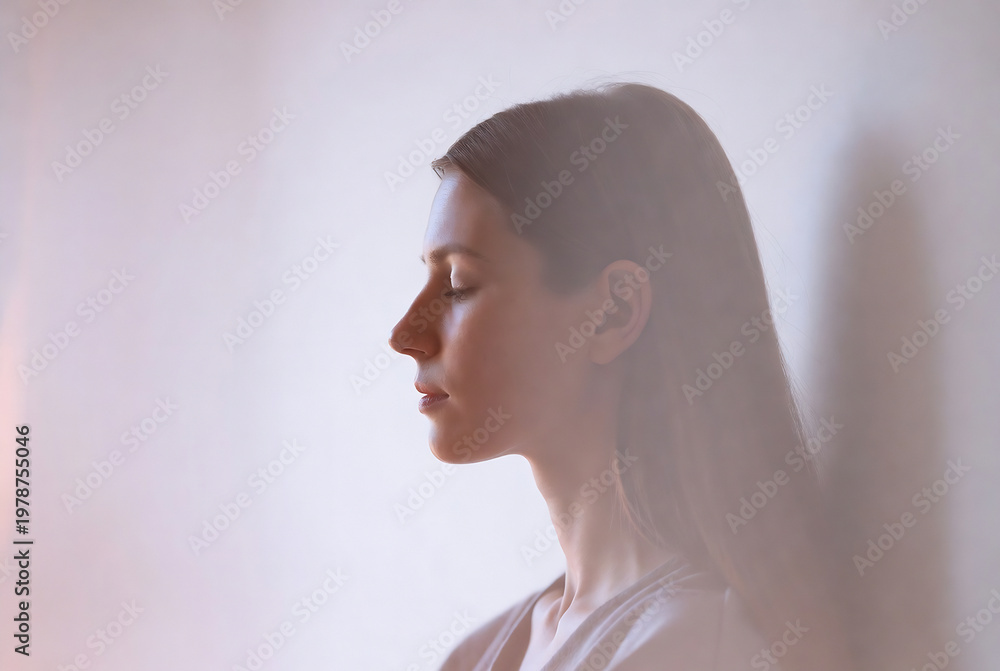 Fototapeta premium Subject: A woman with her eyes closed. Action: Contemplation or meditation. Setting: An indoor, softly lit space with a textured background.