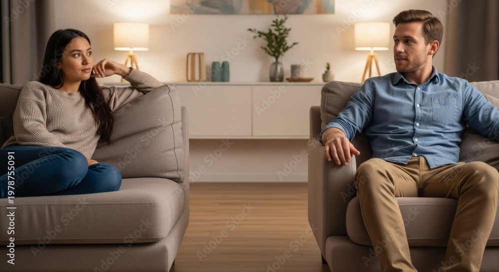 Fototapeta premium A couple sits in silence on separate couches in a modern living room with a tense atmosphere.