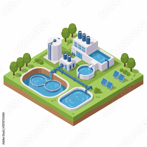 Modern water treatment plant facility with clean water pools and solar panels.