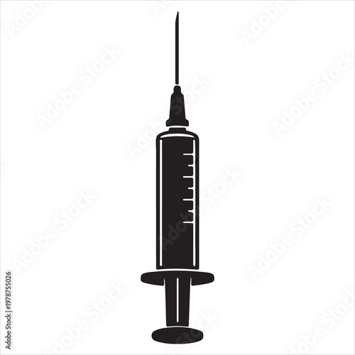 A black and white image of a syringe