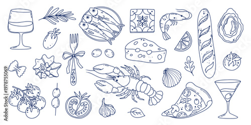 Mediterranean food set with seafood, wine, tomato and herbs. Italian coastal cuisine collection. Perfect for menus, posters, cards and travel designs. Flat vector illustration.