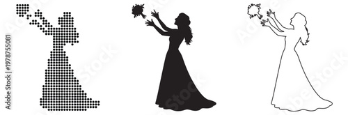 Silhouette of a woman in a flowing dress tossing a bouquet.