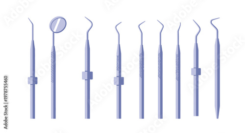 A set of dental tools arranged neatly on a white background for medical use