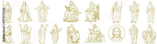 Diverse Collection of Line Art Illustrations Depicting Jesus Christ in Various Poses and Spiritual Moments, Perfect for Christian Faith and Religious Design Projects isolated on white