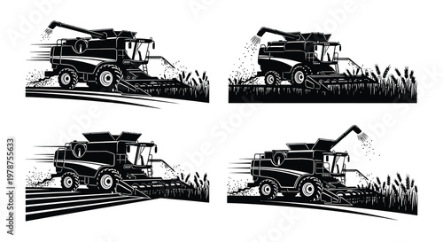 Four black and white illustrations of combine harvesters in fields