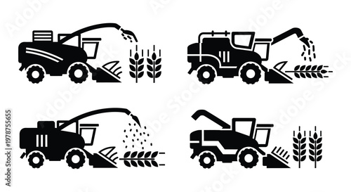 Four black and white illustrations of combine harvesters in fields