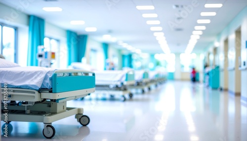 Artistically Blurred Hospital Interior with Patient Beds in Soft Blue Clinical Light