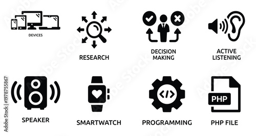 Collection of 8 Black and White Representing Technology and Business Concepts