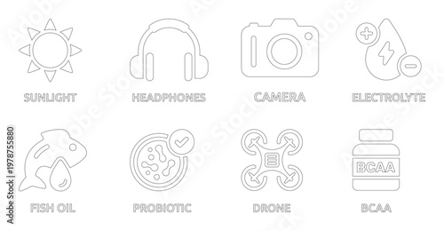 Collection of 8 outline for health, technology, and nature