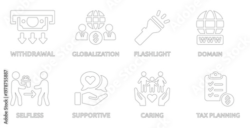 Collection of 8 Outline Representing Business and Social Concepts