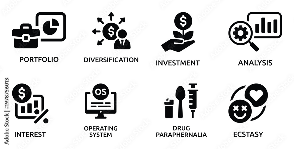 Fototapeta premium Collection of Business and Abstract Portfolio, Diversification, Investment, Analysis, Interest, OS, Paraphernalia, Ecstasy