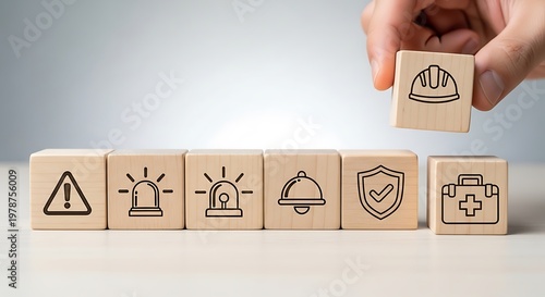 Industrial safety management concept, wooden blocks with occupational health and safety icons, hand placing hard hat cube for workplace security