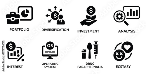 Collection of Business and Abstract Portfolio, Diversification, Investment, Analysis, Interest, OS, Paraphernalia, Ecstasy