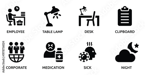 Collection of Business and Healthcare Employee, Desk, Sick, Night, and More