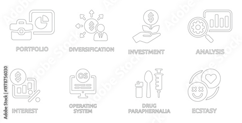 Collection of Business and Abstract Portfolio, Diversification, Investment, Analysis, Interest, OS, Paraphernalia, Ecstasy