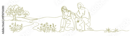 Jesus Christ comforting a grieving woman, offering spiritual solace and compassion in a moment of sadness and despair, depicted in a minimalist line art illustration isolated on white